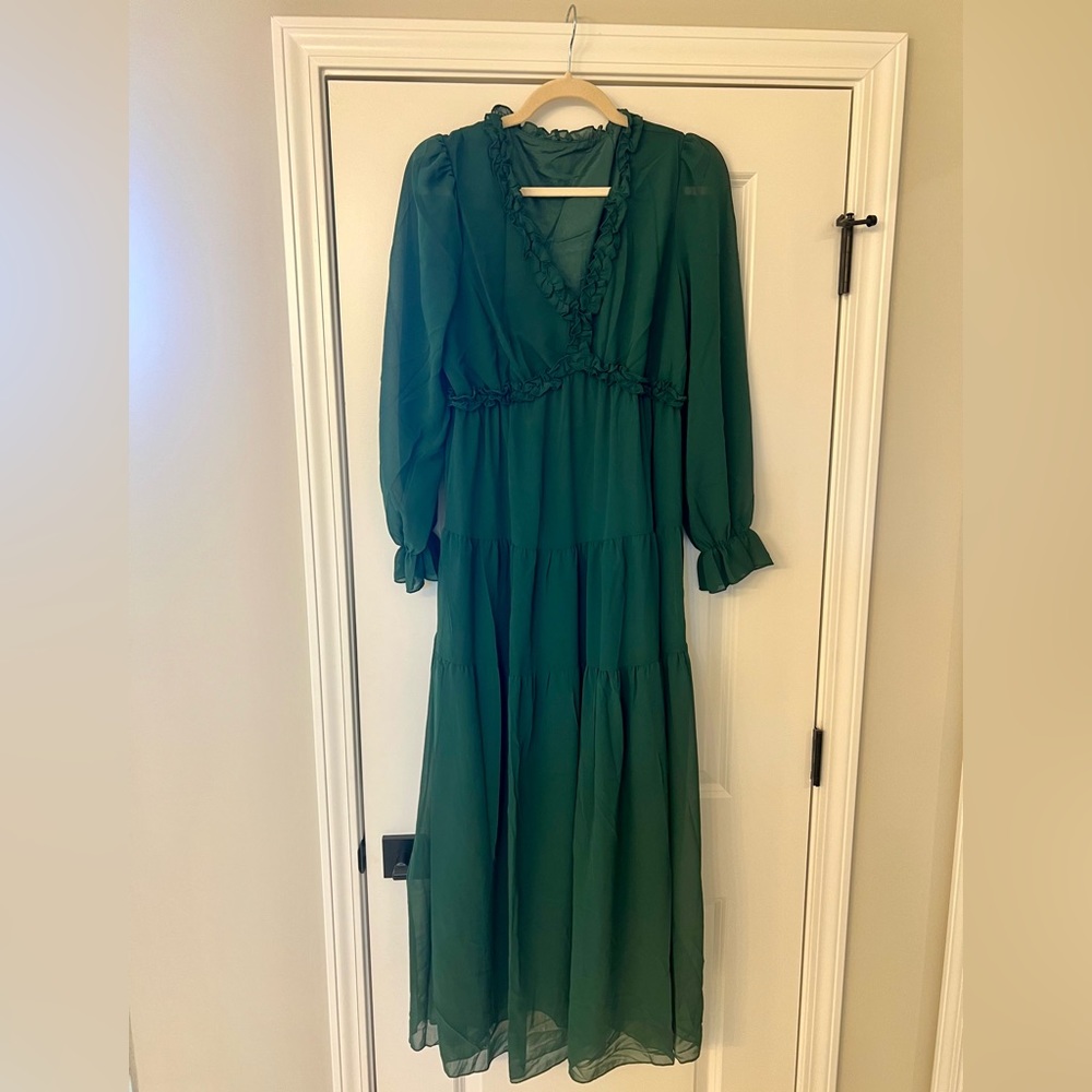 BRAND NEW dark  green maxi dress with bell sleeves.